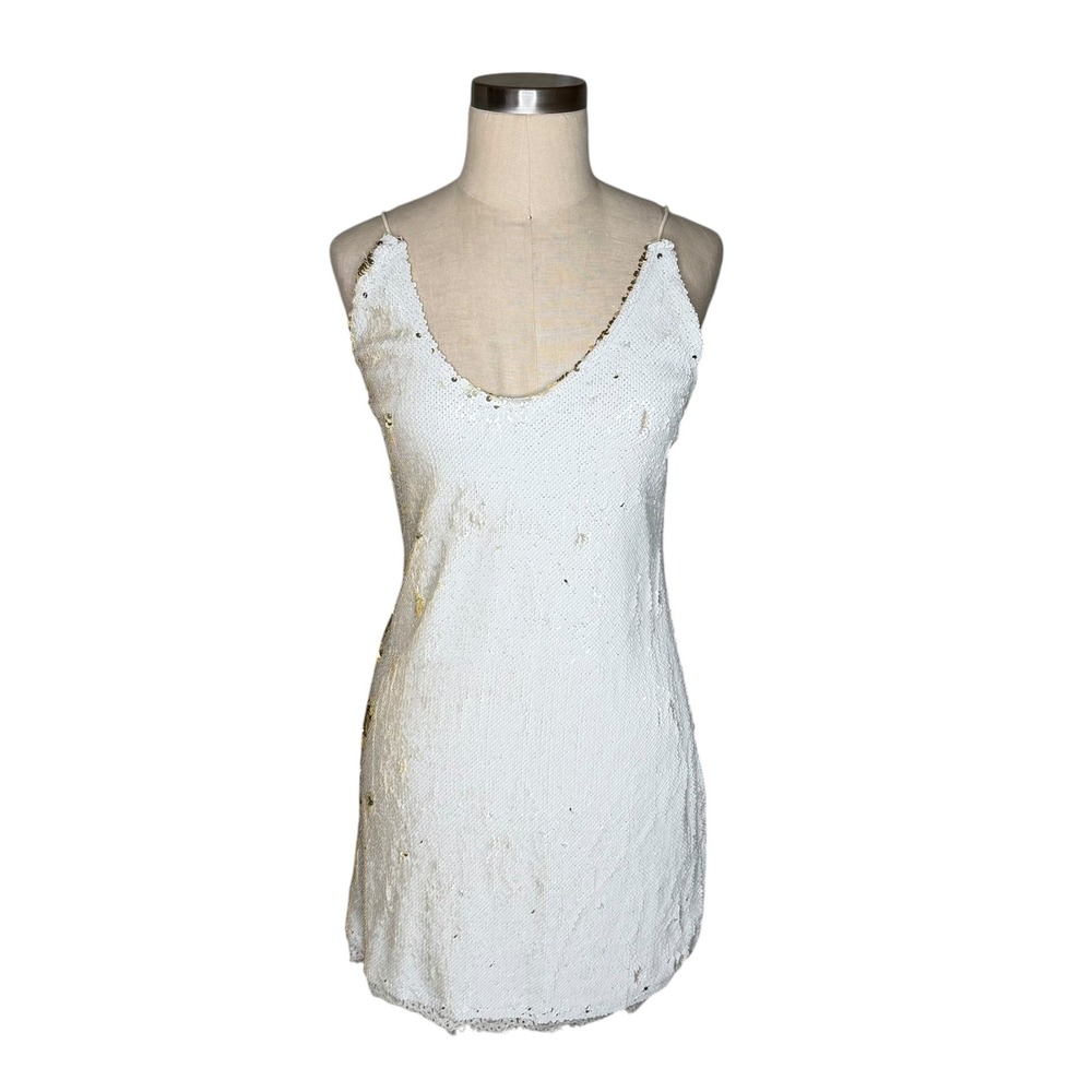 FREE PEOPLE Seeing Double Mini Dress White Gold Sequin Women's Size Medium Glam‎